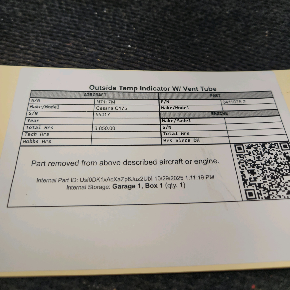 Used aircraft parts for sale, 0411078-2 Cessna C175 Outside Temp Indicator W/ Vent Tube