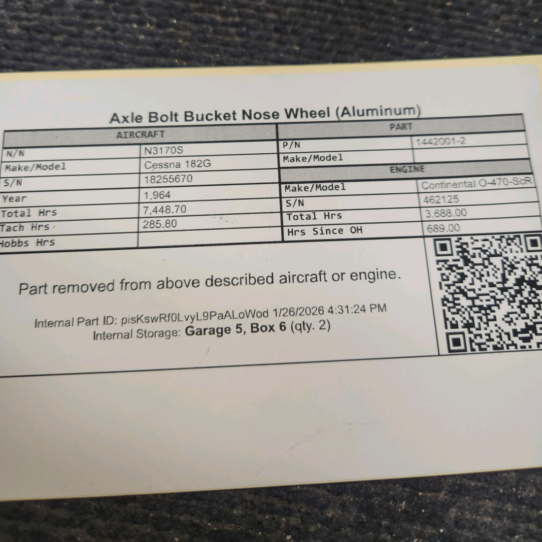 Used aircraft parts for sale, 1442001-2 Cessna 182G Nose Wheel Axle Bolt Bucket (Aluminum)