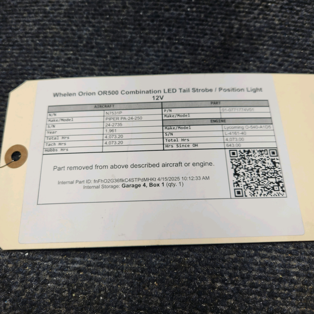 Used aircraft parts for sale, 01-0771774V01 WHELEN OR5001V PIPER PA-24-250 Orion OR500 Combination LED Tail Strobe / Position Light 12V