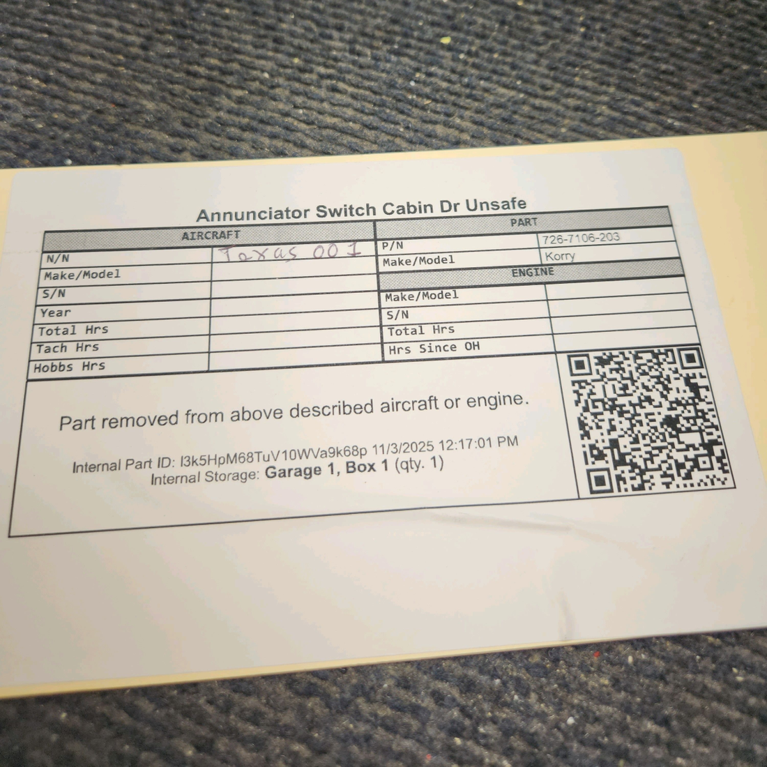 Used aircraft parts for sale, 726-7106-023 Korry Piper PA-31T Annunciator Switch – Cabin Door Unsafe Indicator