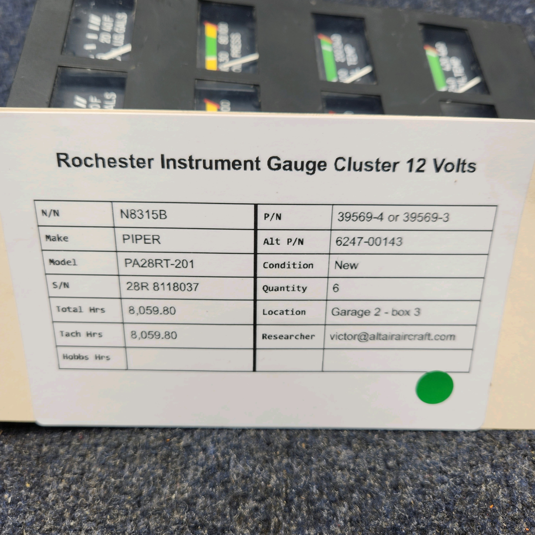Used aircraft parts for sale, 39569-4 or 39569-3 PIPER PA28RT-201 ROCHESTER INSTRUMENT GAUGE CLUSTER 12 VOLTS