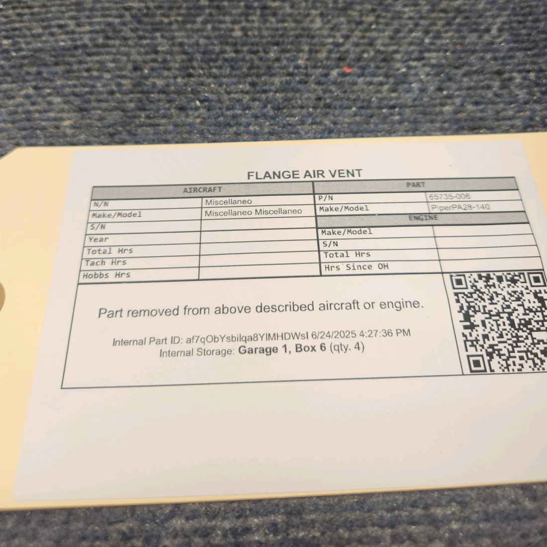 Used aircraft parts for sale, 65735-006 Piper PA28-140 Air Vent Flange