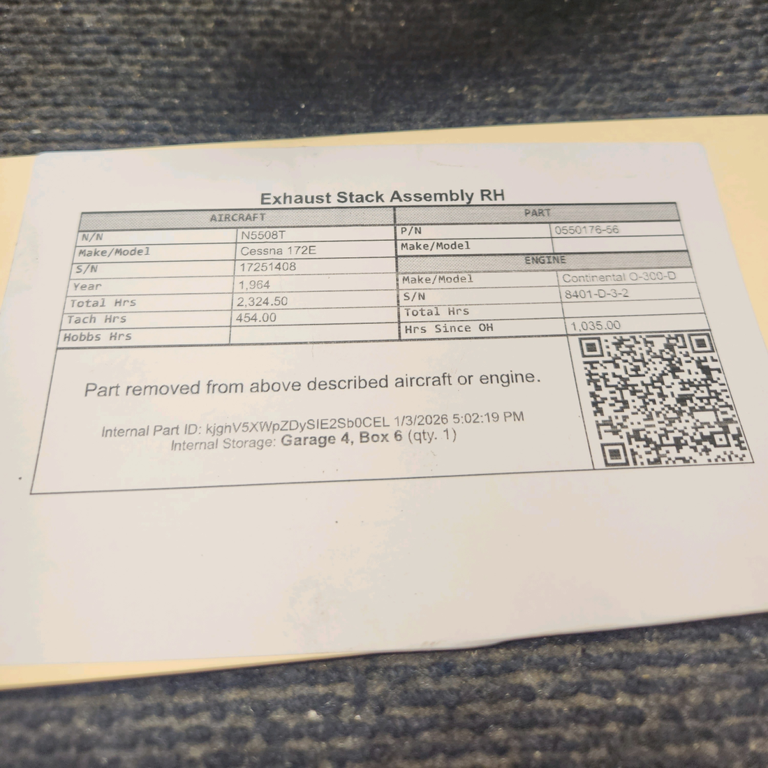 Used aircraft parts for sale, 0550176-56 Cessna 172E Exhaust Stack Assembly RH