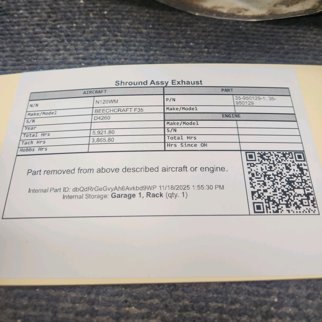 Used aircraft parts for sale, 35-950129-1 BEECHCRAFT F35 Exhaust Shroud Assembly