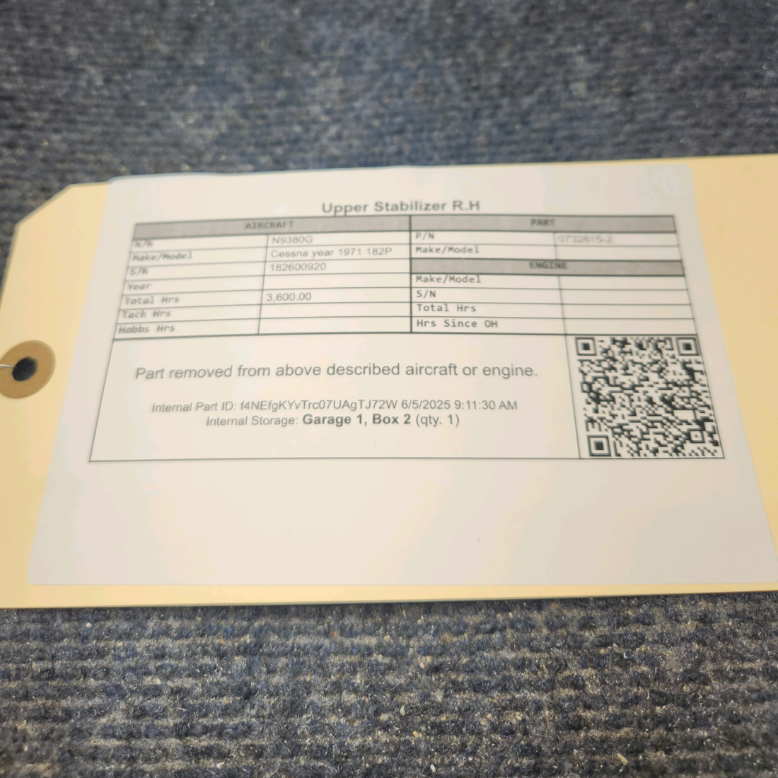 Used aircraft parts for sale, 0732615-2 Cessna 182P Upper Stabilizer R.H