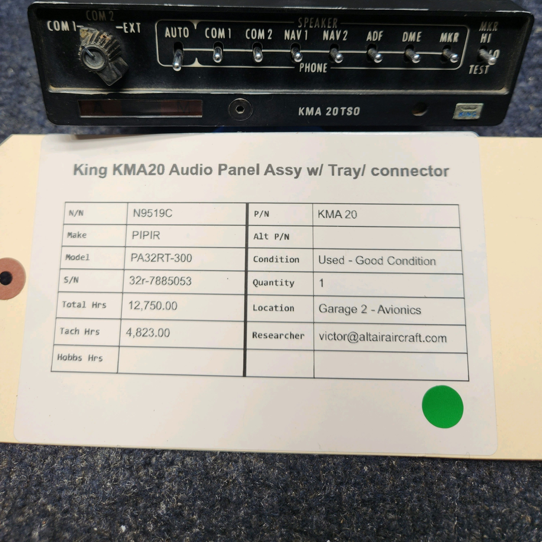 Used aircraft parts for sale, KMA 20 Bendix King  [part_model] PIPIR PA32RT-300 KING KMA20 AUDIO PANEL ASSY W/ TRAY/ CONNECTOR