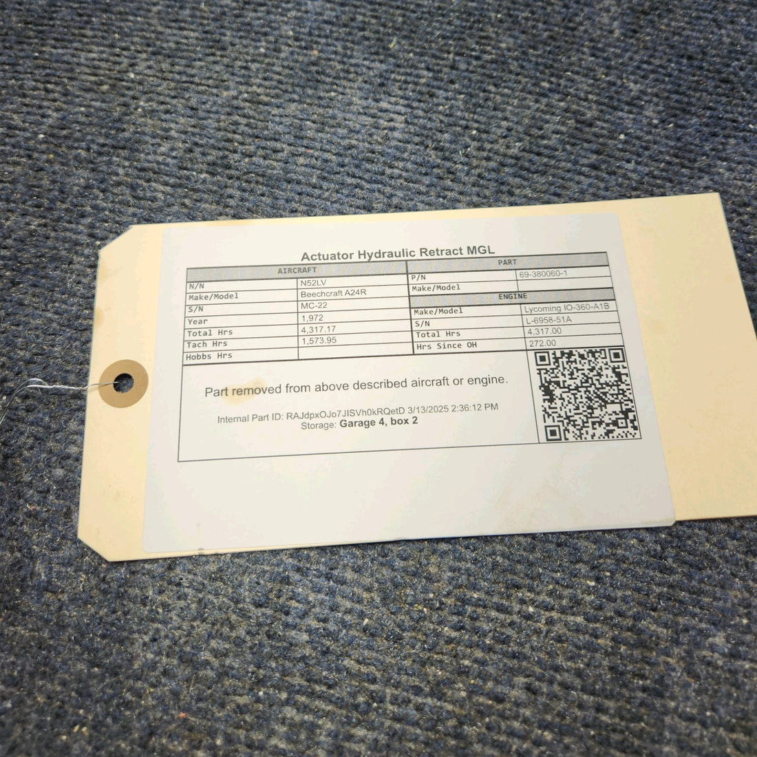 Used aircraft parts for sale, 69-380060-1 Beechcraft A24R Actuator Hydraulic Retract MGL
