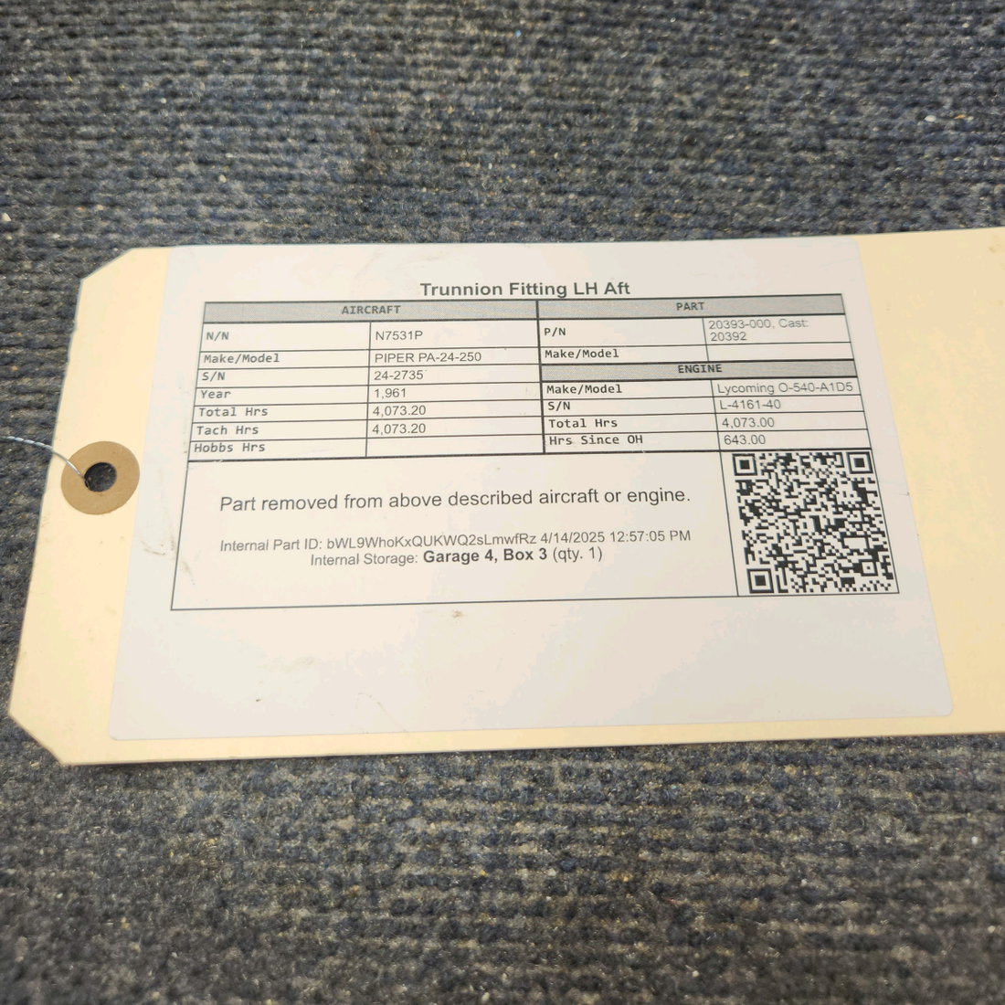 Used aircraft parts for sale, 20393-000 PIPER PA-24-250 Trunnion Fitting LH Aft