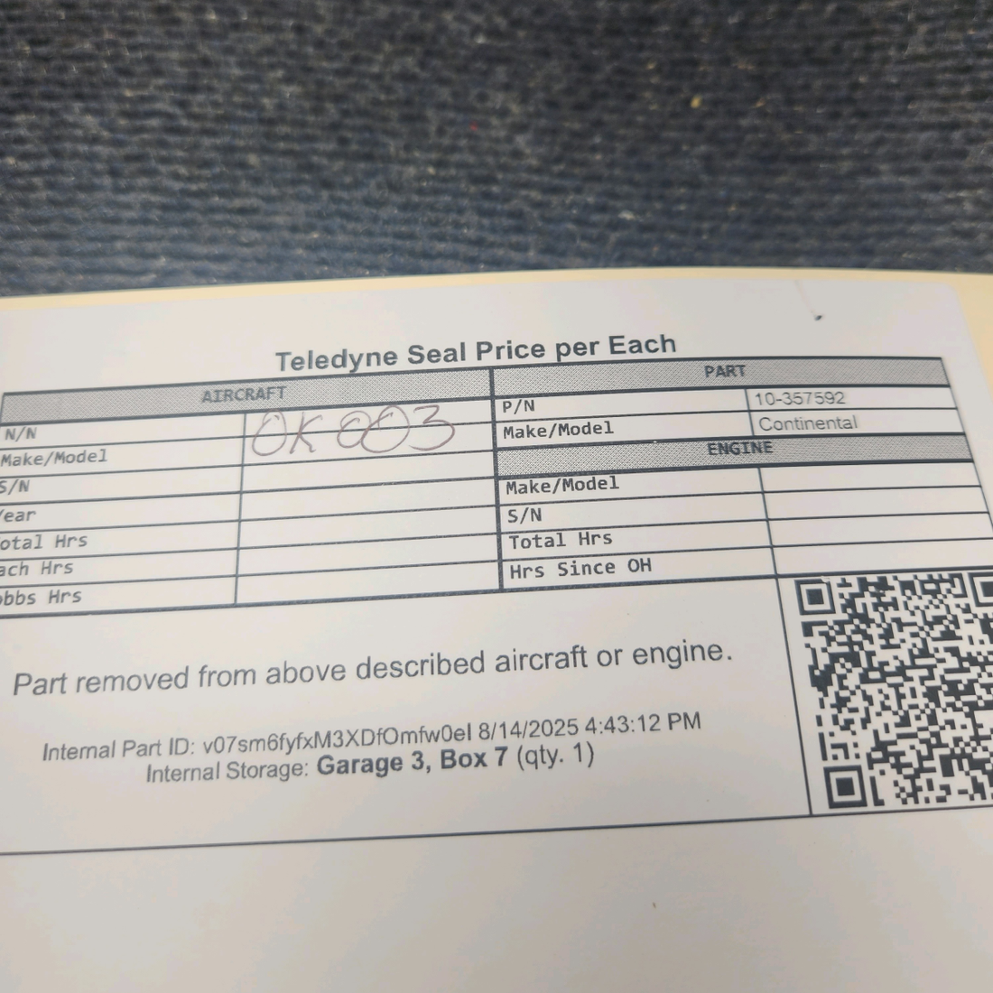 Used aircraft parts for sale, 10-357592 Continental Teledyne Seal – Price per Each