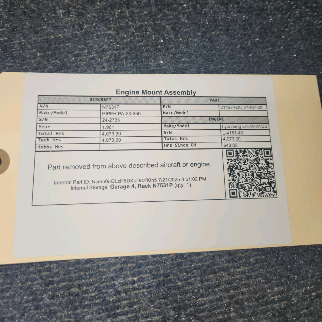 Used aircraft parts for sale, 21497-000 PIPER PA-24-250 Engine Mount Assembly