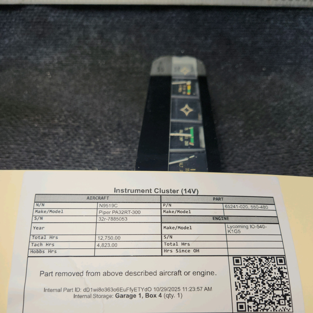 Used aircraft parts for sale, 95241-026 Piper PA32RT-300 Instrument Cluster (14V)