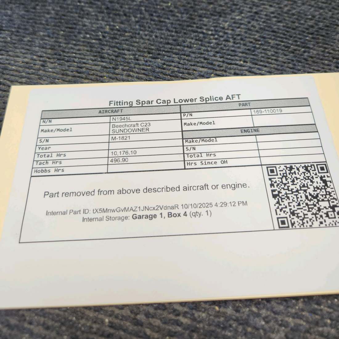 Used aircraft parts for sale, 169-110019 Beechcraft C23 SUNDOWNER Aft Lower Spar Cap Splice Fitting
