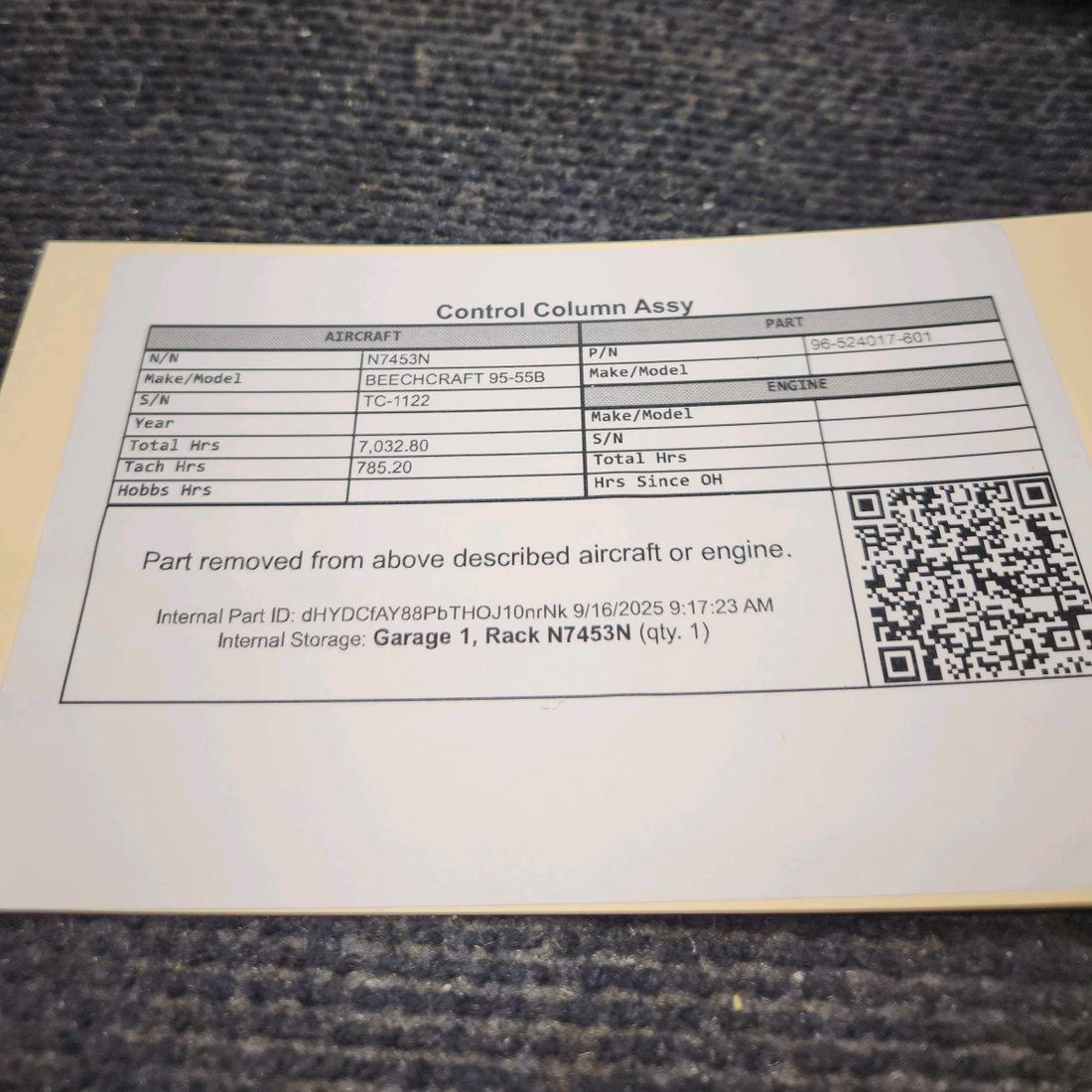 Used aircraft parts for sale, 96-524017-601 BEECHCRAFT 95-55B Control Column Assy