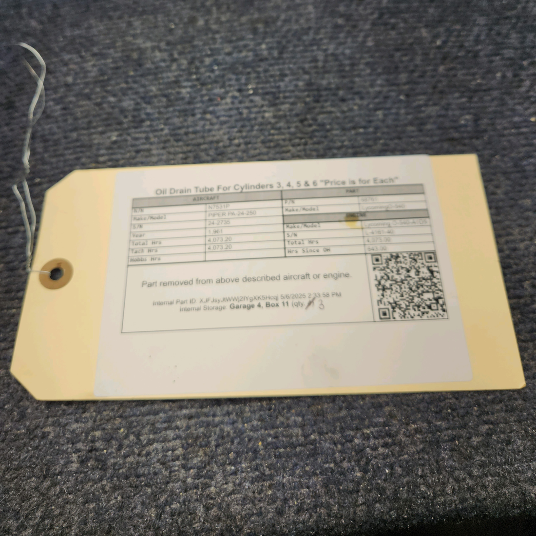 Used aircraft parts for sale, 68761 Lycoming O-540 PIPER PA-24-250 Oil Drain Tube For Cylinders 3, 4, 5 & 6 "Price is for Each"