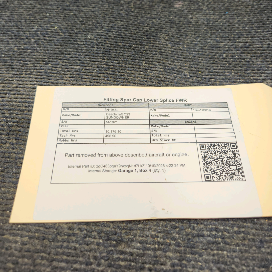 Used aircraft parts for sale, 169-110018 Beechcraft C23 SUNDOWNER Forward Lower Spar Cap Splice Fitting