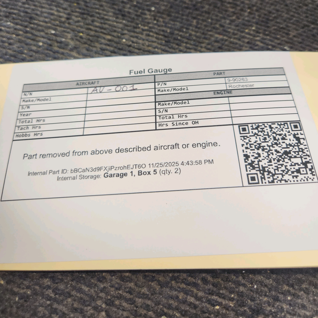 Used aircraft parts for sale, 9-90263 Rochester Piper Fuel Gauge 12V