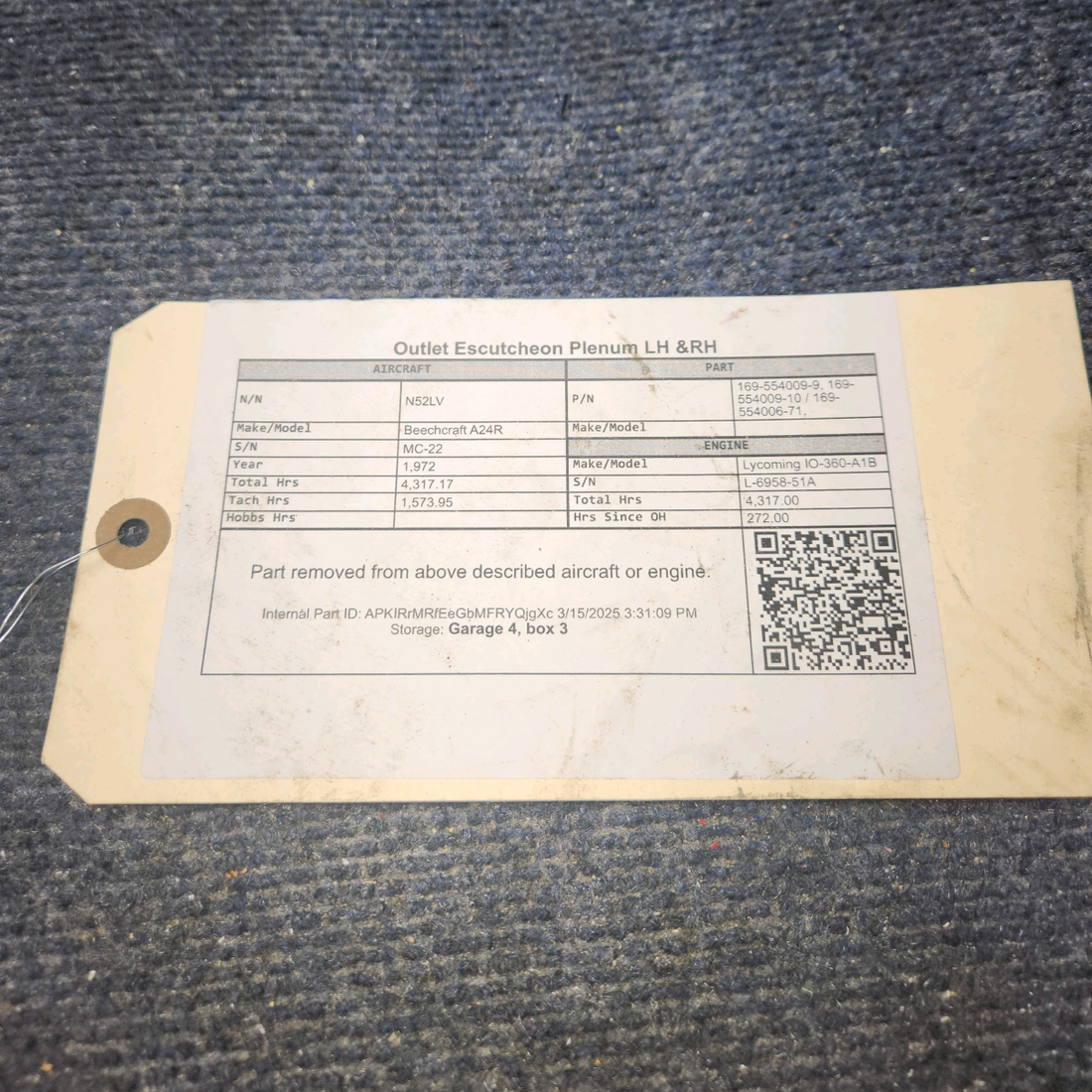 Used aircraft parts for sale, 169-554009-9 Beechcraft A24R Outlet Escutcheon Plenum LH &RH