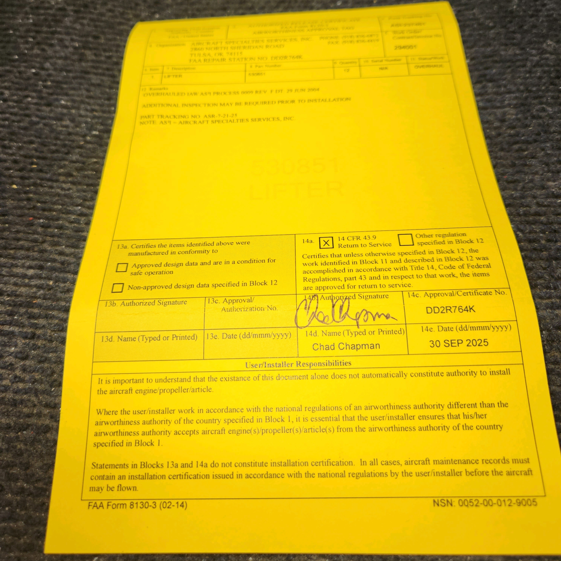 Used aircraft parts for sale, 530851 Continental O-300D Cessna 172F Body Cam Follower