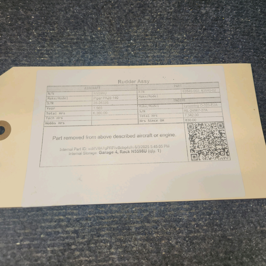 Used aircraft parts for sale, 63540-002 Piper PA28-140 Rudder Assy