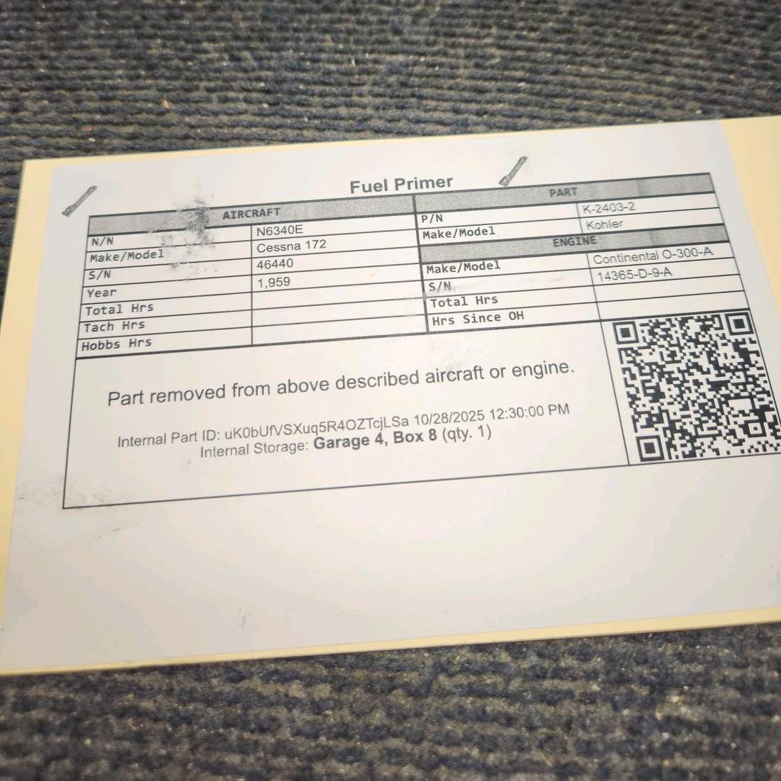 Used aircraft parts for sale, K-2403-2 Kohler Cessna 172 Fuel Primer