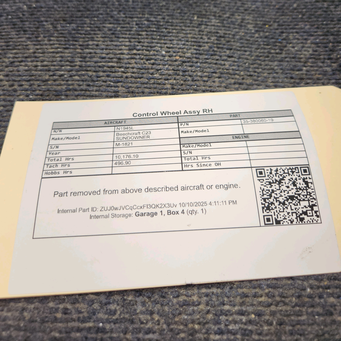 Used aircraft parts for sale, 35-380060-19 Beechcraft C23 SUNDOWNER Control Wheel Assy - RH