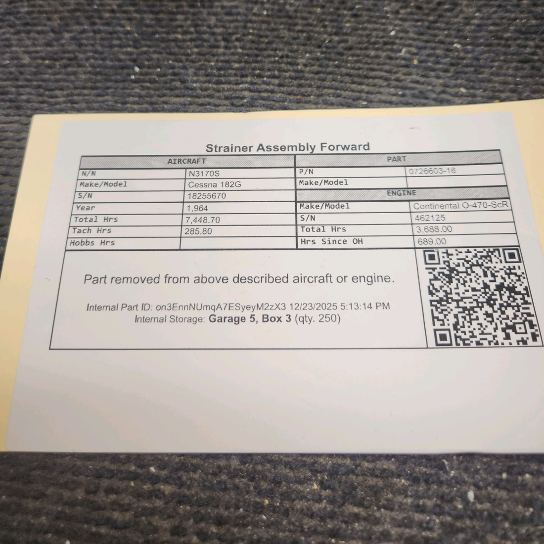 Used aircraft parts for sale, 0726603-16 Cessna 182G Strainer Assembly Forward