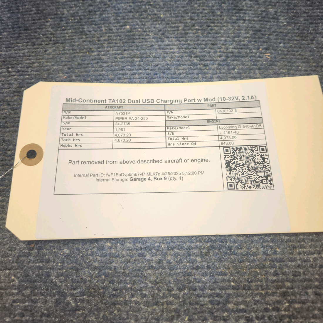 Used aircraft parts for sale, 6430102-3 Mid-Continent TA102 PIPER PA-24-250 Dual USB Charging Port w Mod (10-32V, 2.1A)