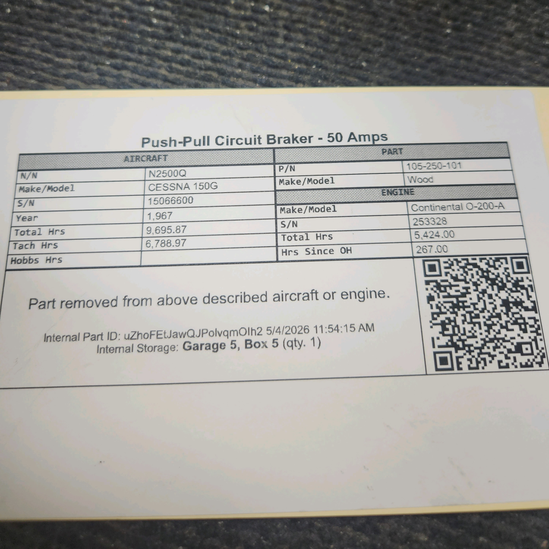 Used aircraft parts for sale, 105-250-101 Wood cessna 150G Push-Pull Circuit Braker - 50 Amps