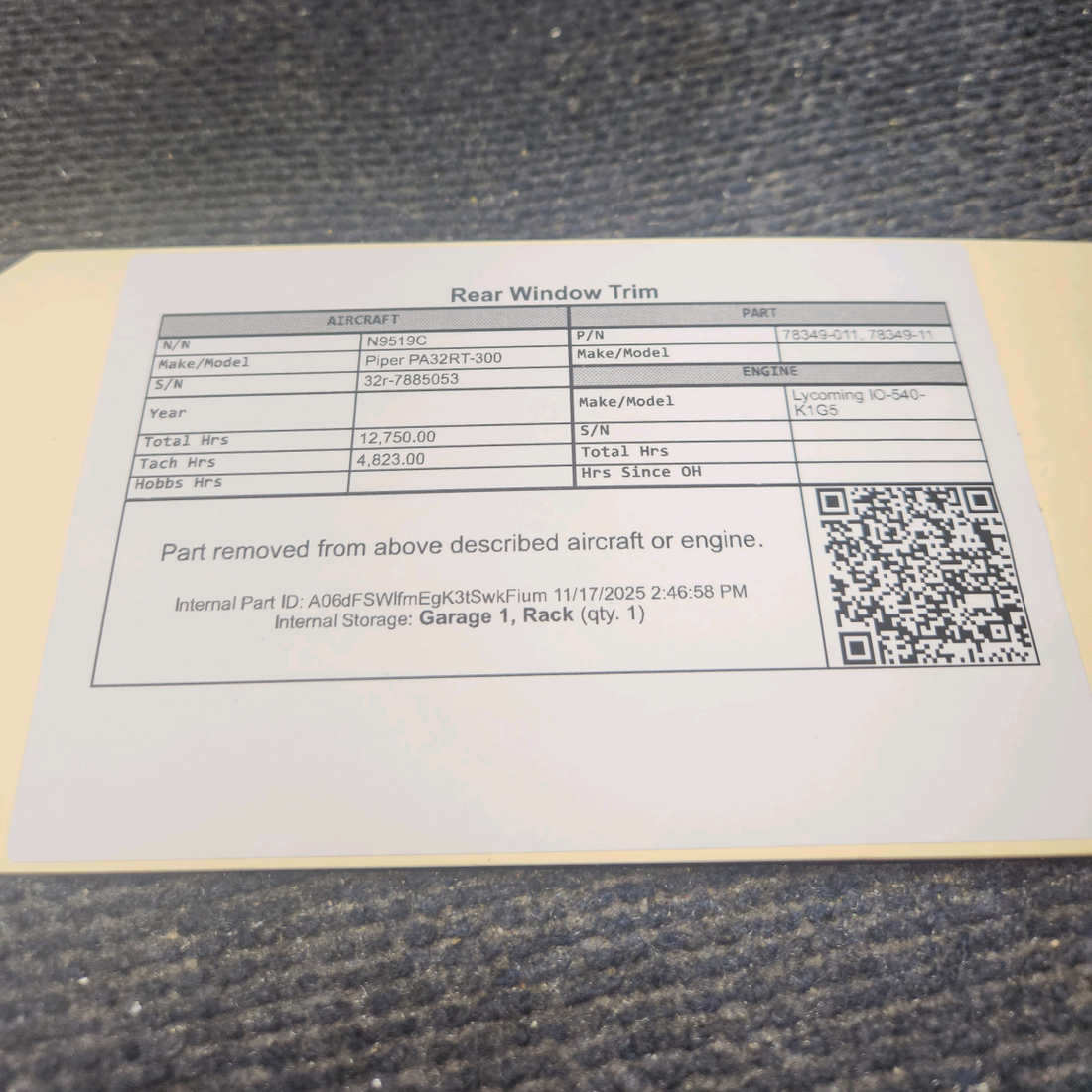 Used aircraft parts for sale, 78349-011 Piper PA32RT-300 Rear Window Trim - RH