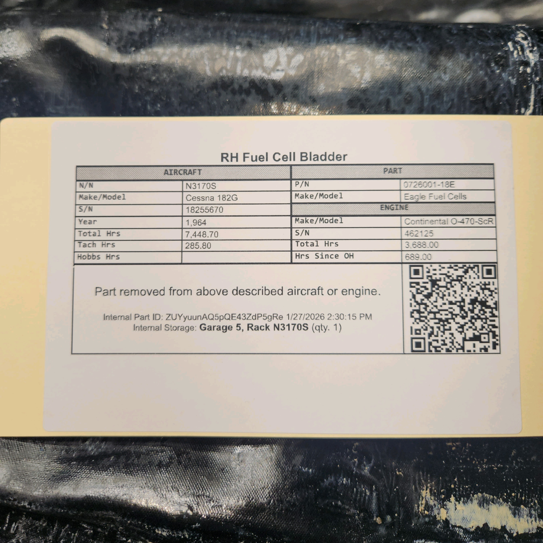 Used aircraft parts for sale, 0726001-18E Eagle Fuel Cells Cessna 182G Fuel Cell Bladder RH