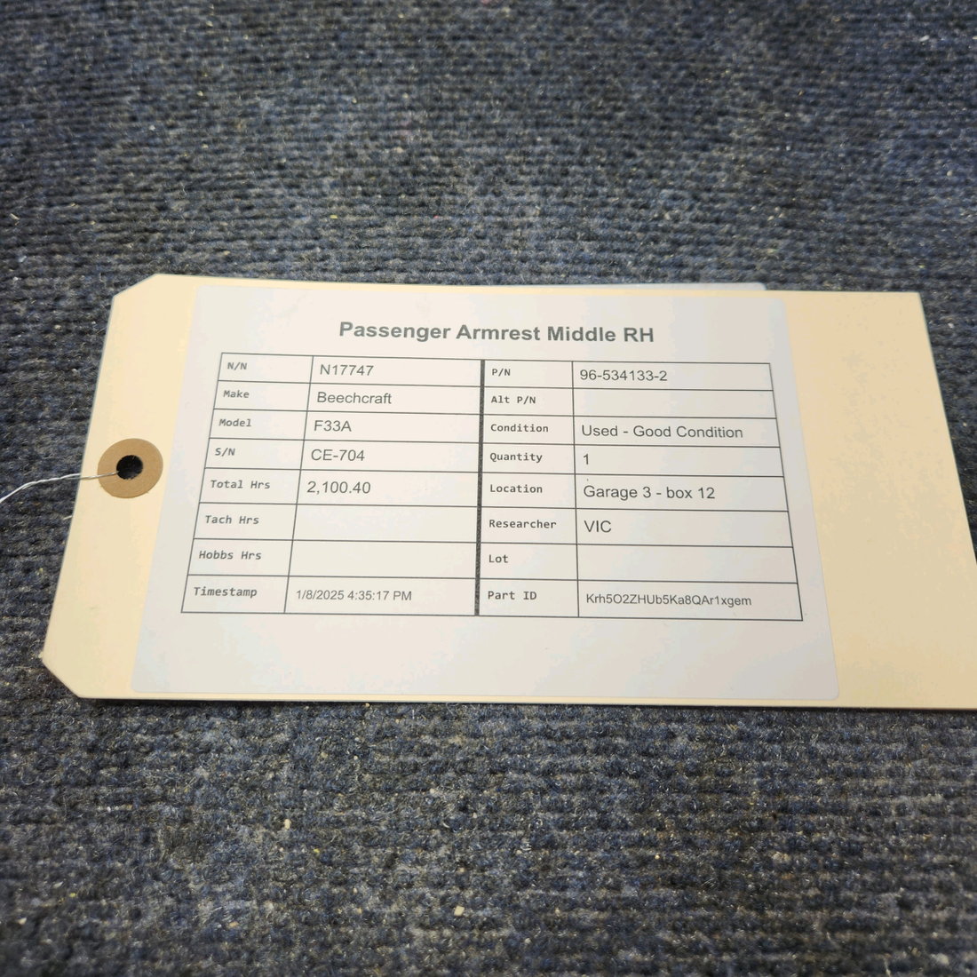Used aircraft parts for sale, 96-534133-2 Beechcraft F33A PASSENGER ARMREST MIDDLE RH