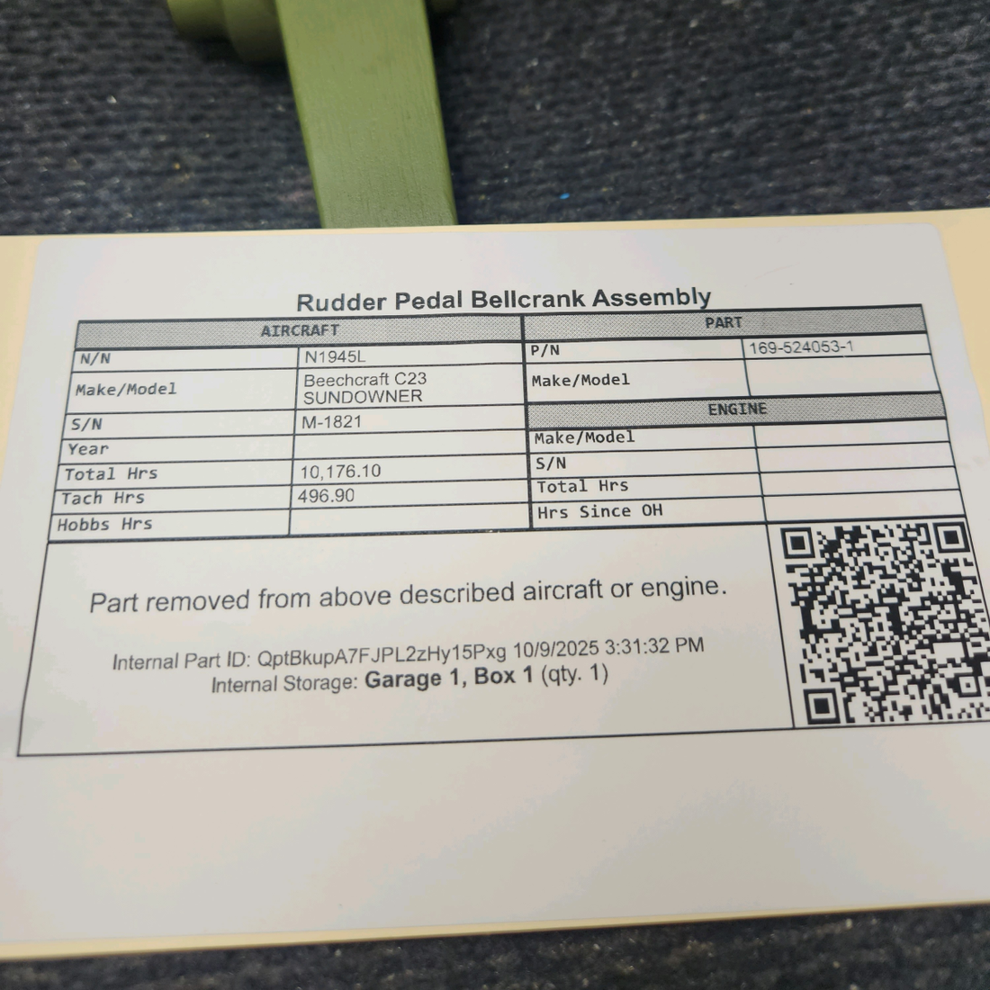 Used aircraft parts for sale, 169-524053-1 Beechcraft C23 SUNDOWNER Rudder Pedal Bellcrank Assembly