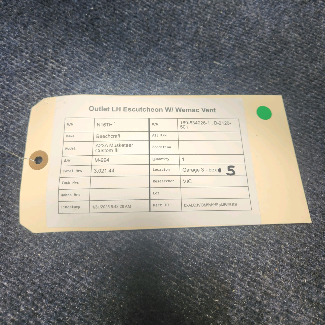 Used aircraft parts for sale, 169-534026-1 , B-2120-501 Beechcraft A23A Musketeer Custom III OUTLET LH ESCUTCHEON W/ WEMAC VENT