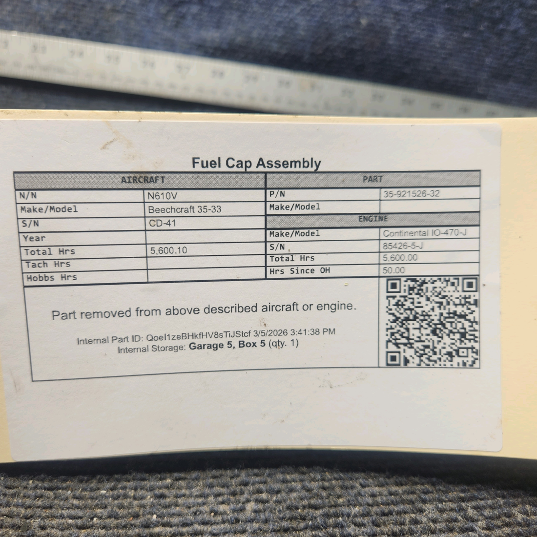 Used aircraft parts for sale, 35-921526-32 Beechcraft 35-33 Fuel Cap Assembly