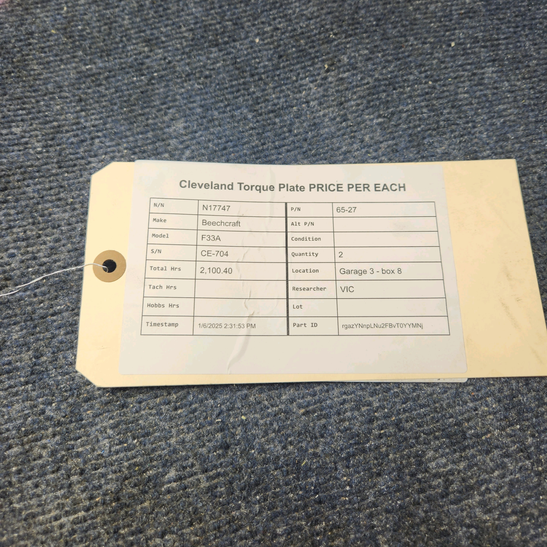 Used aircraft parts for sale, 65-27 Beechcraft F33A CLEVELAND TORQUE PLATE PRICE PER EACH