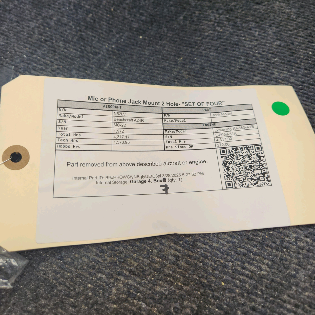 Used aircraft parts for sale, Jack Mount Beechcraft A24R Mic or Phone Jack Mount 2 Hole- "SET OF FOUR"