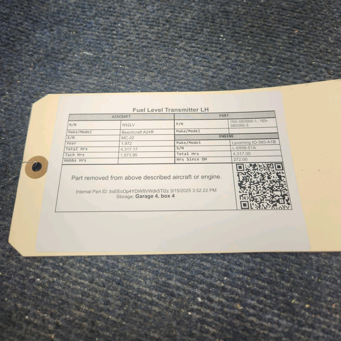 Used aircraft parts for sale, 169-380066-1 Beechcraft A24R Fuel Level Transmitter LH