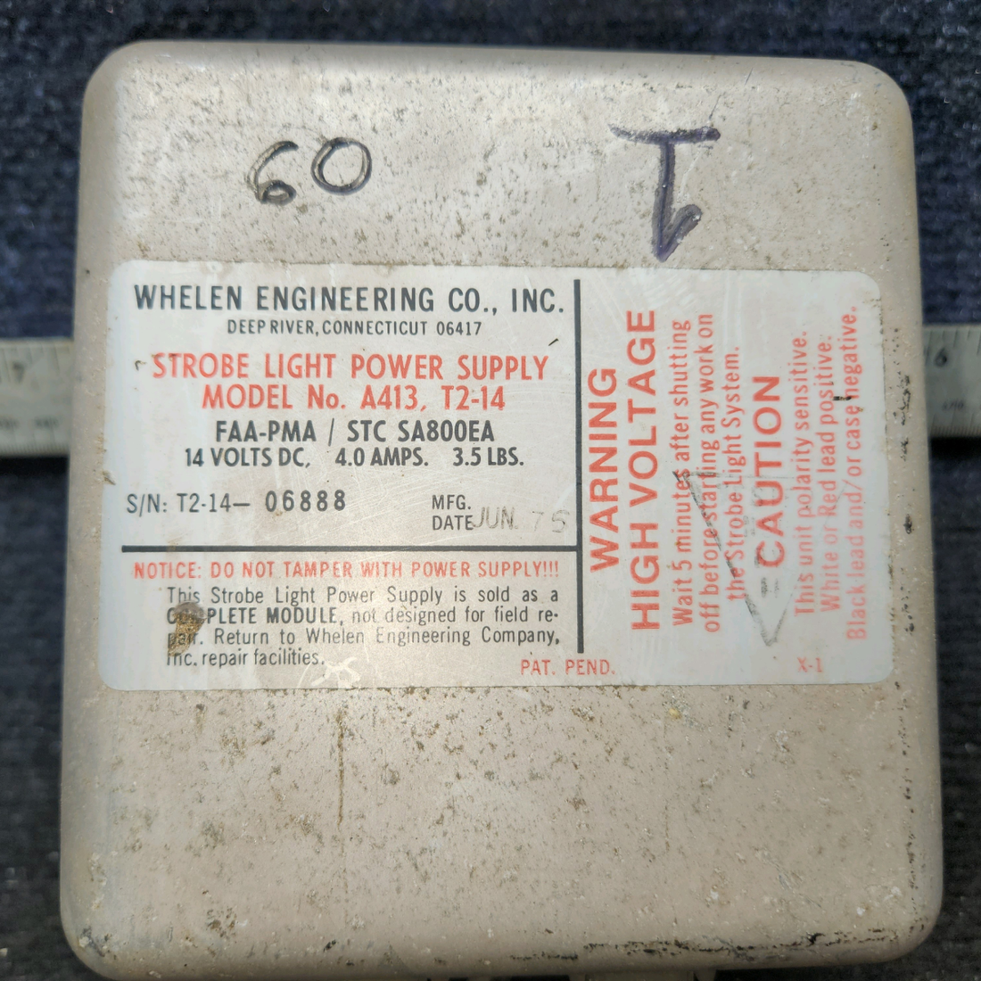 Used aircraft parts for sale, A413,T2-14 Whelen A413 Strobe Light Power Supply (14V)