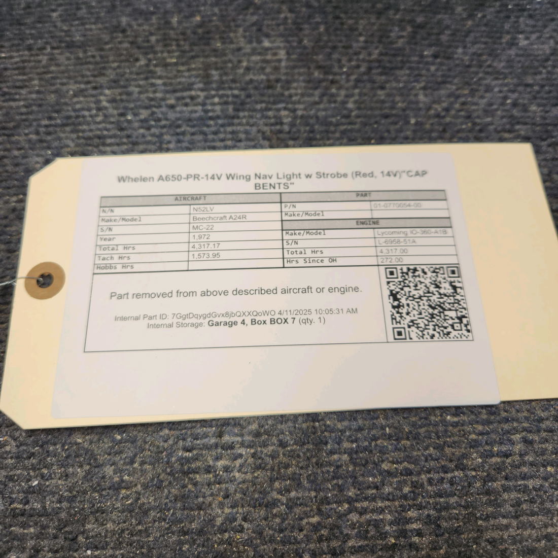 Used aircraft parts for sale, 01-0770054-00 WHELEN A650-PR-14V Beechcraft A24R Wing Nav Light w Strobe (Red, 14V) Cap is dent