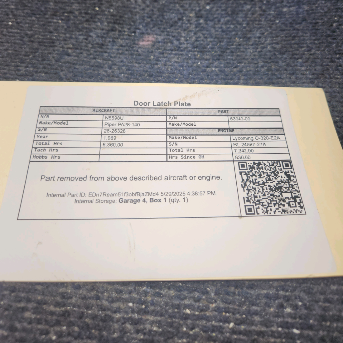 Used aircraft parts for sale, 63040-00 Piper PA28-140 Door Latch Plate