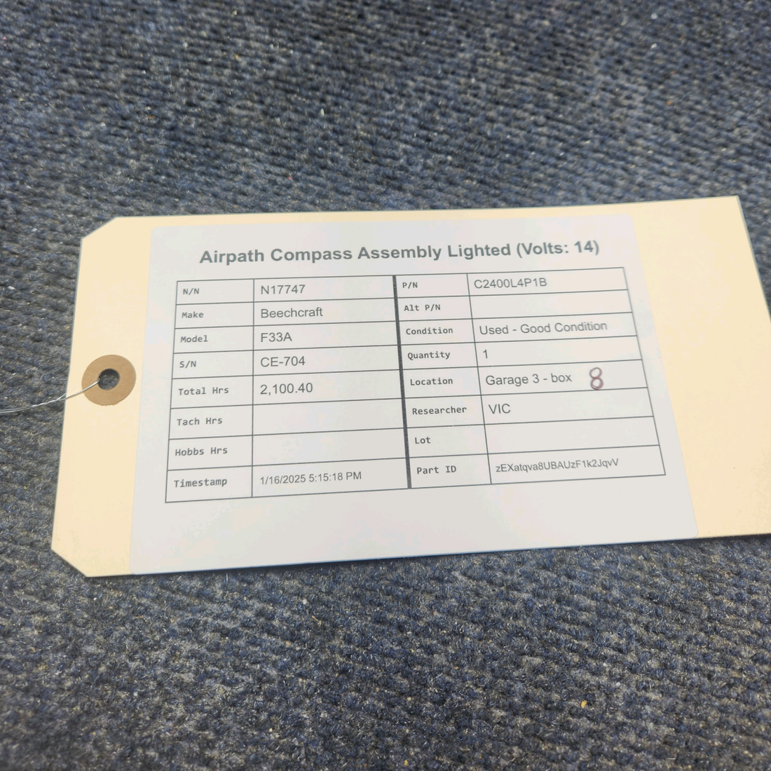 Used aircraft parts for sale, C2400L4P1B Airpath Beechcraft F33A COMPASS ASSEMBLY LIGHTED (VOLTS: 14)