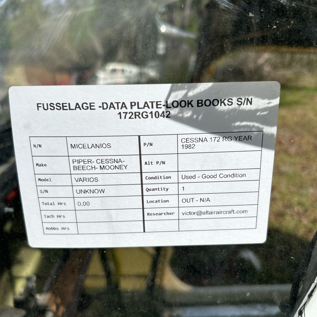 Used aircraft parts for sale, N9795B Cessna 172RG FUSSELAGE -DATA PLATE-LOOK BOOKS S/N 172RG1042