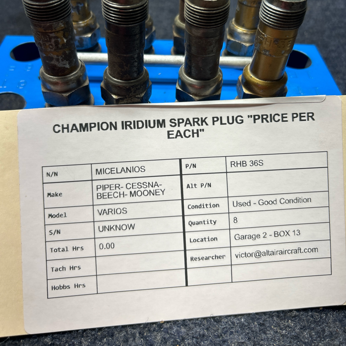 Used aircraft parts for sale, RHB 36S PIPER- CESSNA-BEECH- MOONEY VARIOS CHAMPION IRIDIUM SPARK PLUG "PRICE PER EACH"