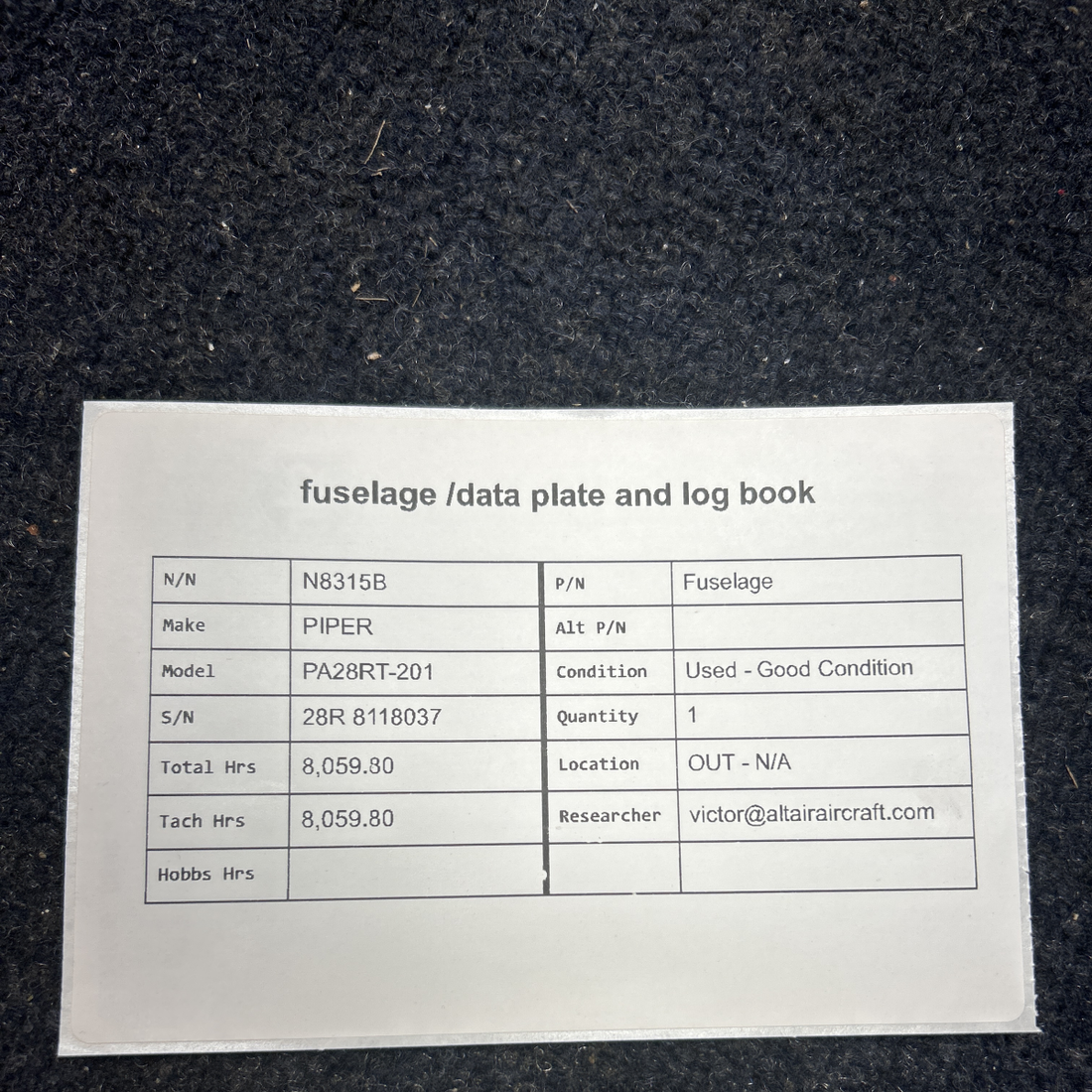 Used aircraft parts for sale, Fuselage PIPER PA28RT-201 FUSELAGE /DATA PLATE AND LOG BOOK