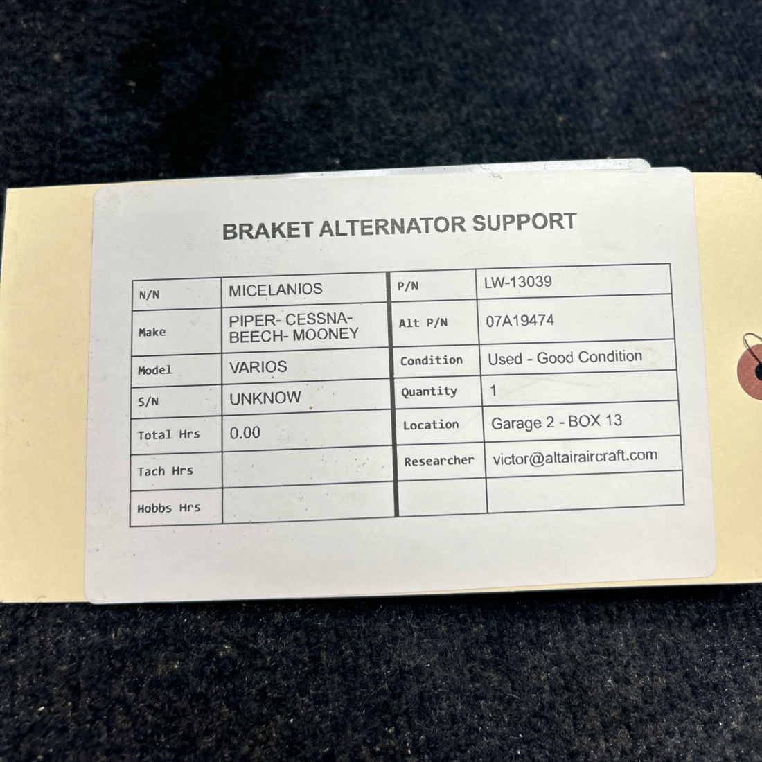 Used aircraft parts for sale, LW-13039 PIPER- CESSNA-BEECH- MOONEY VARIOS BRAKET ALTERNATOR SUPPORT
