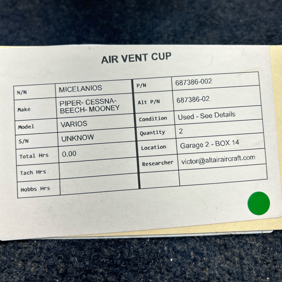 Used aircraft parts for sale, 687386-002 PIPER- CESSNA-BEECH- MOONEY VARIOS AIR VENT CUP