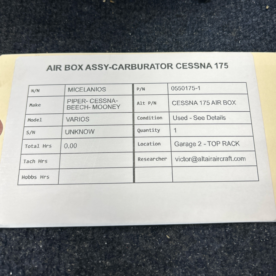 Used aircraft parts for sale, 0550175-1 PIPER- CESSNA-BEECH- MOONEY VARIOS AIR BOX ASSY-CARBURATOR CESSNA 175
