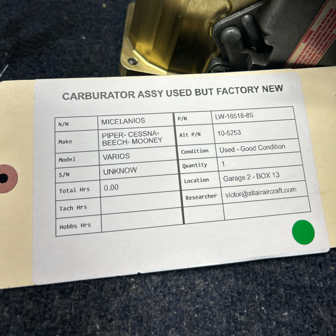 Used aircraft parts for sale, LW-16518-85 PIPER- CESSNA-BEECH- MOONEY VARIOS CARBURATOR ASSY USED BUT LOOKS FACTORY NEW