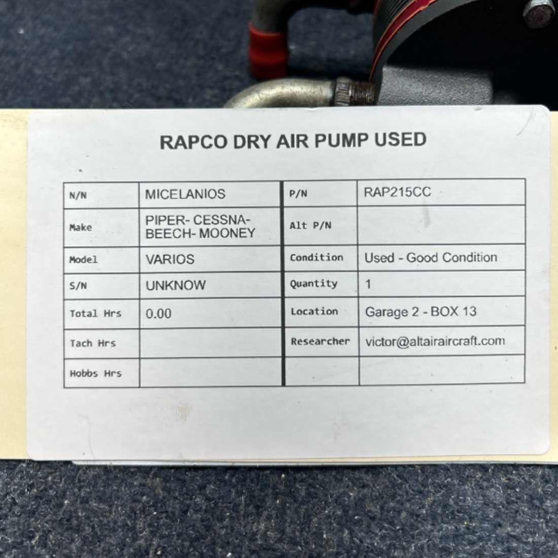 Used aircraft parts for sale, RAP215CC PIPER- CESSNA-BEECH- MOONEY VARIOS RAPCO DRY AIR PUMP USED