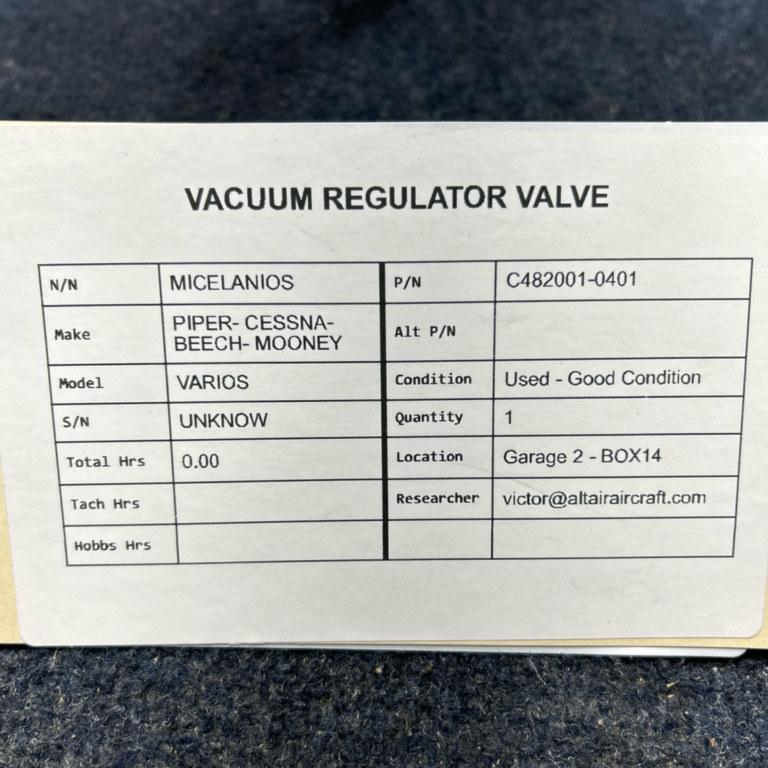 Used aircraft parts for sale, C482001-0401 PIPER- CESSNA-BEECH- MOONEY VARIOS VACUUM REGULATOR VALVE
